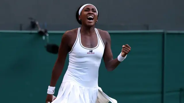 Coco Gauff of United States celebrates winning