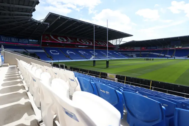 Cardiff City Stadium with rugby posts up