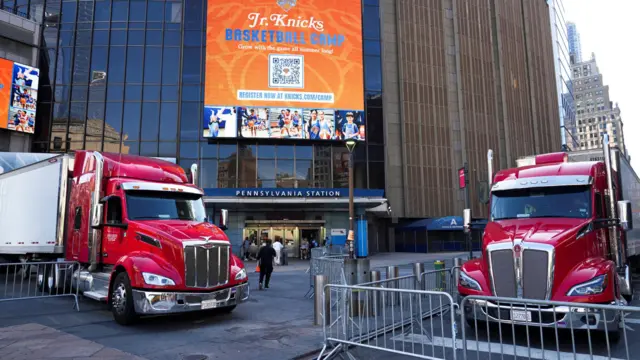 Trucks are parked outside Madison Square Garden, the venue for the reported wedding celebrations of singer Taylor Swift and National Football League (NFL) player Travis Kelce, in New York, U.S., July 3, 2026