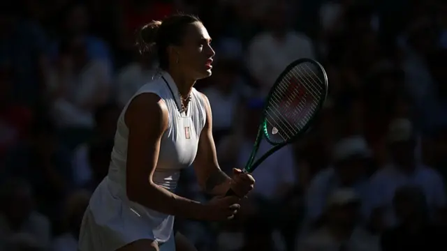 Aryna Sabalenka looks on