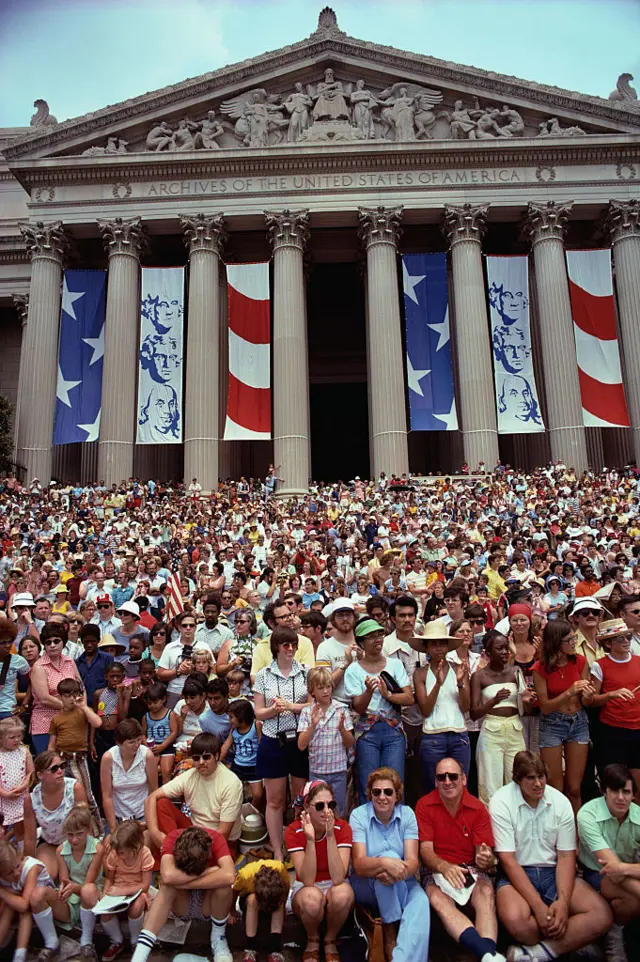 Crowd Gathered for the United States Bicentennial Celebration in front of the National Archives building