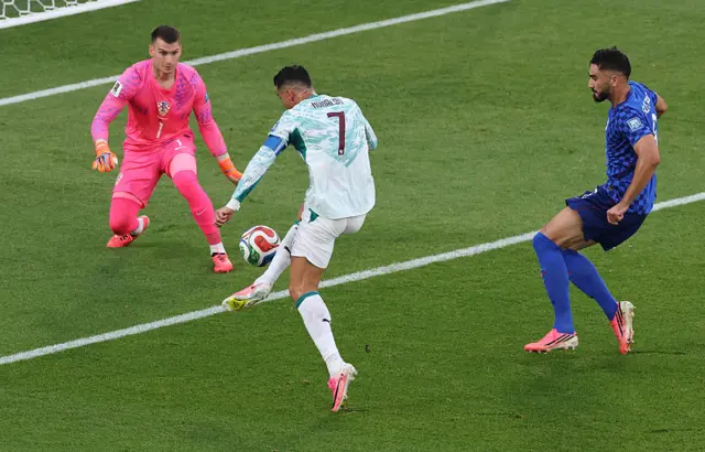 Cristiano Ronaldo shoots and scores but the strike is later disallowed for offside