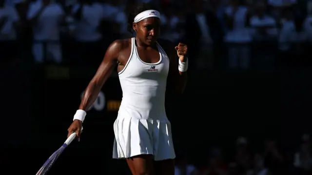 Coco Gauff celebrates winning point