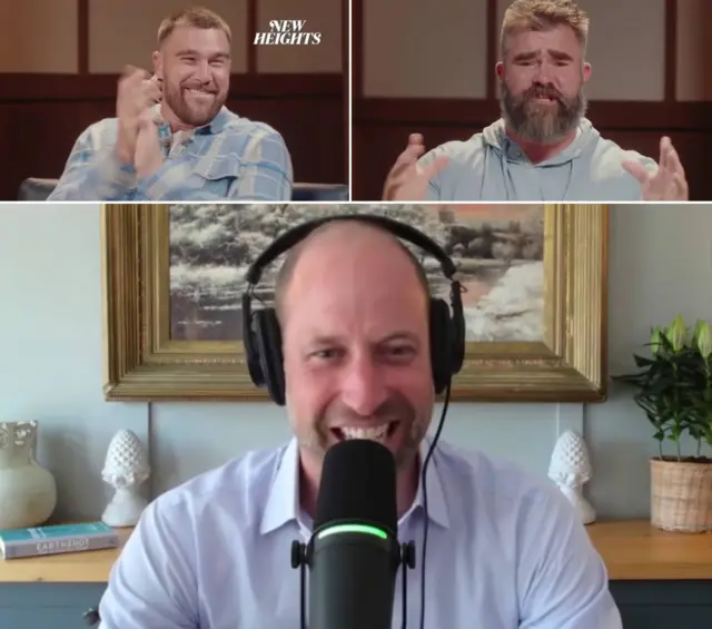 A composite image of Prince William appearing remotely on the New Heights podcast alongside Travis Kelce and Jason Kelce