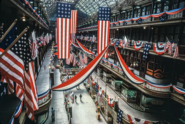 The Cleveland Arcade decorated in US flags and bunting to celebrate the bicentennial of the US in 1976