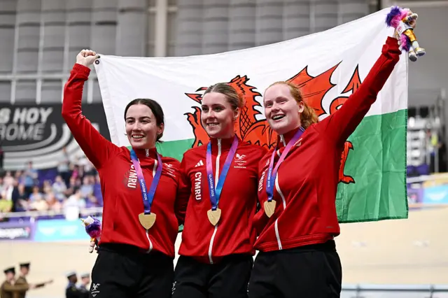 Team Wales celebrates team sprint gold