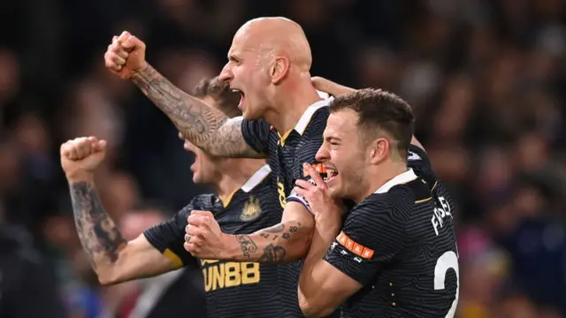 Jonjo Shelvey of Newcastle celebrates his goal during the Premier League match between Leeds United and Newcastle United at Elland Road on January 22, 2022 in Leeds, England