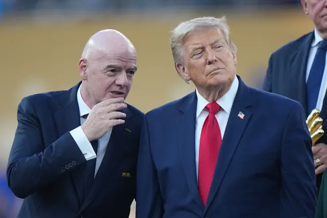 FIFA World Cup: USA President Donald Trump and FIFA President Gianni Infantino speak during the award ceremony following the FIFA World Cup 2026 Final match between Spain and Argentina.