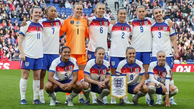 The England team poses for a photo during the FIFA Women's World Cup Group 3 qualifying match between England Women and Ukraine at Hill Dickinson Stadium.