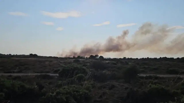 In the foreground is heathland grass, and in the distance is billowing white smoke, against a blue sky.