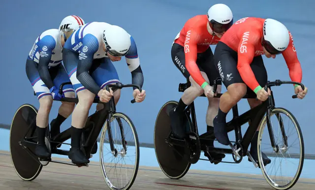 CYCLING-CGAMES-2022 Wales' James Ball and pilot Matthew Rotherman (R) compete for the gold medal against Scotland's Neil Fachie and pilot Lewis Stewart in the men's para-sport sprint B tandem final