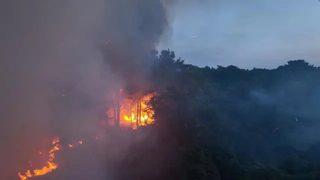 Screen grab taken from video provided by Ryan Lovejoy of the wildfire at Dunwich Heath