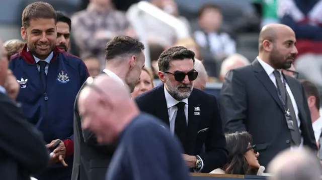 Jamie Reuben (l) with Yasir Al-Rumayyan, Chairman of Newcastle United, in attendance prior to the Premier League match between Newcastle United and Brighton & Hove Albion at St James' Park on May 02, 2026 in Newcastle upon Tyne, England