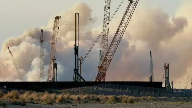White smoke billows behind a scene of cranes, and a stone beach is in the foreground.