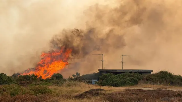 Fire burns in an open grassy area. Thick smoke billows into the air.