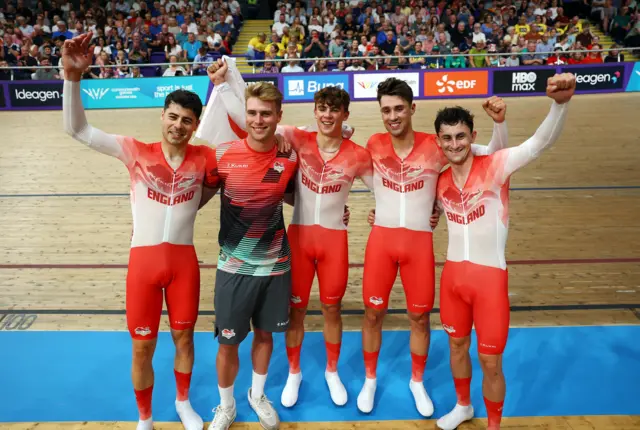 England celebrates after winning the Men's 4000m Team Pursuit Finals Gold