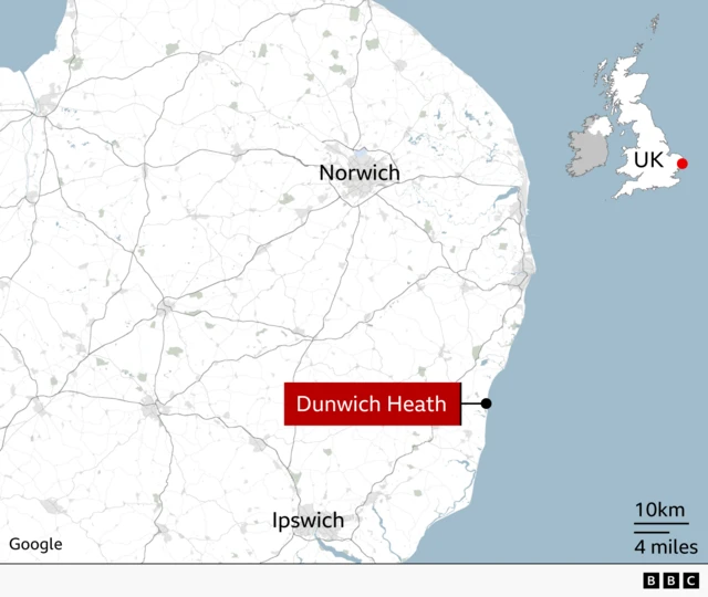 A Map showing where Dunwich Heath is on the coast, north of Ipswich