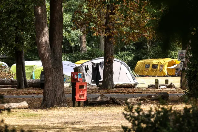 Tents of different colours (green, grey and yellow) are pitched in an open space between trees. The photo is taken about 50 metres away, maybe more, and trees are dotted around.