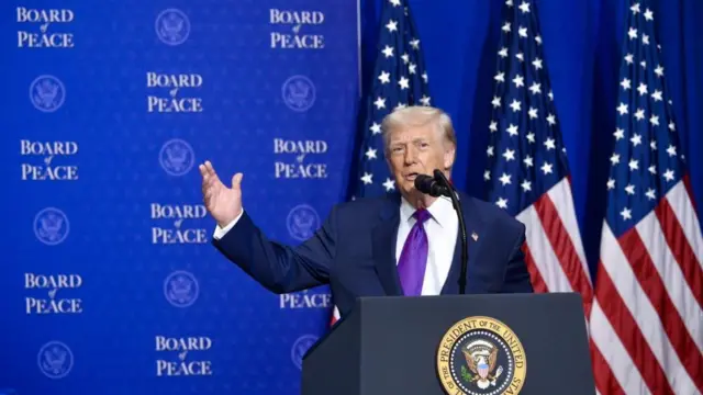 US President Donald Trump speaks during the Board of Peace meeting at the Donald J. Trump U.S. Institute of Peace in Washington, USA, 19 February 2026