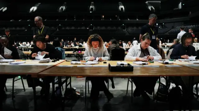 People are sat at a long wooden tables counting ballots for the first-choice vote of the Greater Manchester mayoral by-election at Co-op Live Arena