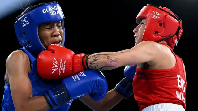England's Ruby White, right, fighting Namibia's Mischa Araes in the Commonwealth Games semi-finals