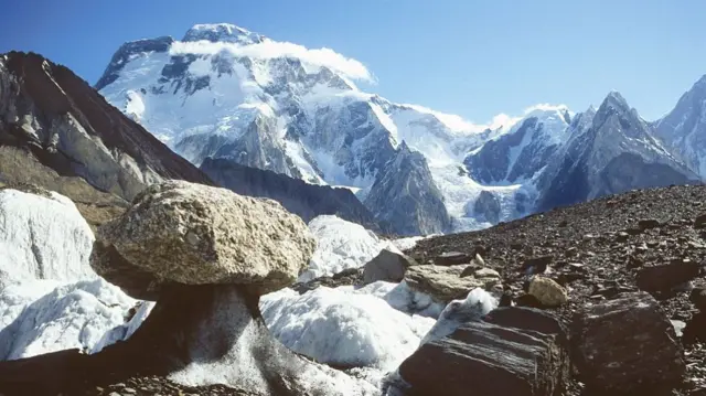 Snow on Broad Peak, the world's 12th highest mountain, located in Pakistan