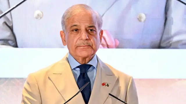 Shehbaz Sharif is pictured speaking behind a microphone, wearing a tan suit with a light blue shirt and dark blue tie.