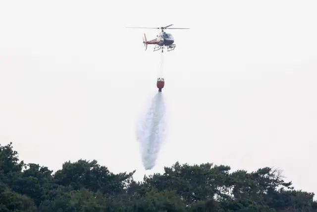 A white and red helicopter hovers in the air, dropping water which cascades down on to green trees