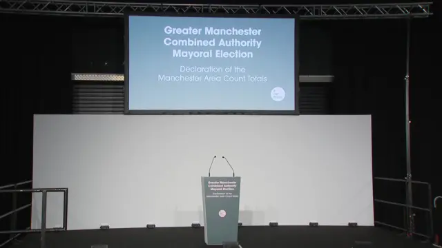 Podium on empty stage at count centre for Greater Manchester mayoral election