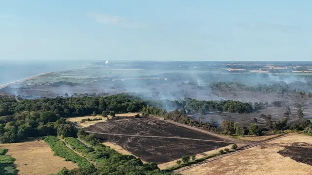 Scorched heathland from an aerial shot. Whole swathes of land are blackened.