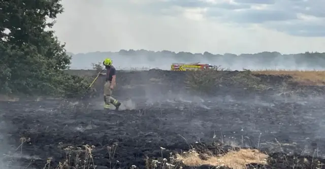 A firefighter is in a scorched field and a fire engine is in the distance