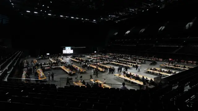 Tables laid out at the count fo the Greater Manchester mayoral election