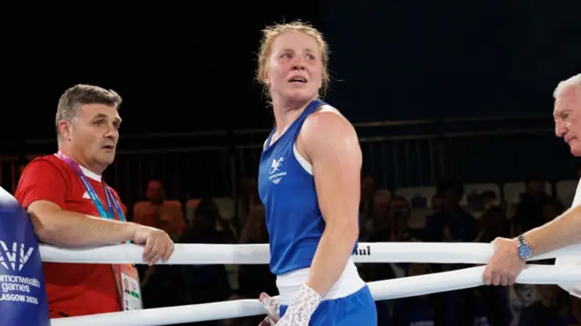 Rosie Eccles leaves the ring after defeat in Glasgow
