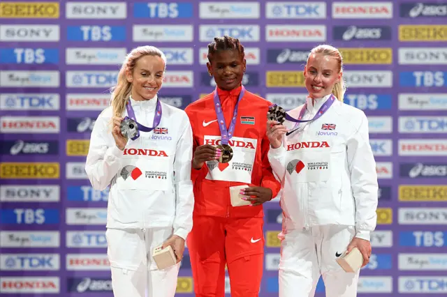 Silver medalist Georgia Hunter Bell of Team Great Britain, gold medalist Lilian Odira of Team Kenya and bronze medalist Keely Hodgkinson of Team Great Britain