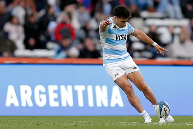 Argentina's fly-half Tomas Albornoz kicks the ball to convert a point against Scotland