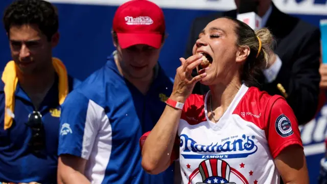 Miki Sudo from Tampa, Florida, participates in the 2026 Nathan's Famous International Hot Dog Eating Contest, at Coney Island, Brooklyn in New York City