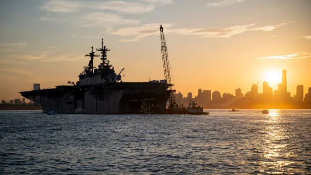 The USS Kearsarge sits in the New York City harbor ahead of the International Naval Review on July 4, 2026 in New York City