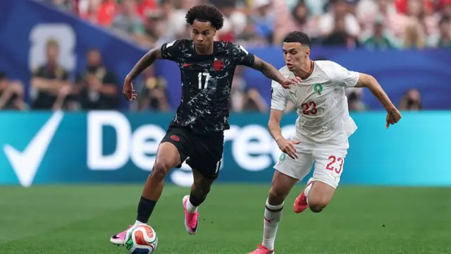 Tajon Buchanan of Canada controls the ball against Bilal El Khannouss