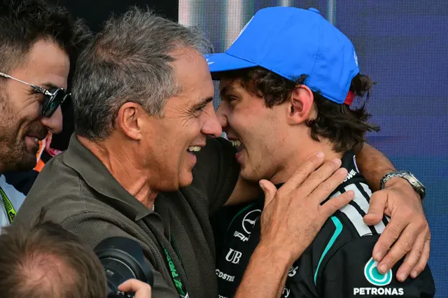 Kimi Antonelli celebrates pole position with his dad, Marco