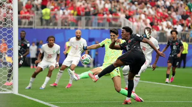 Jonathan David has a shot saved by Bono