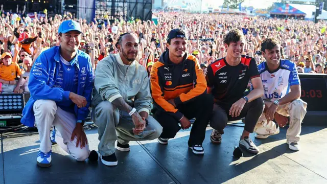George Russell, Lewis Hamilton, Lando Norris, Oliver Bearman and Arvid Lindblad