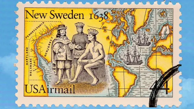 An old 'New Sweden' postage stamp in blue and yellow colours showing a European man speaking to two native Ameircans, dated 1638