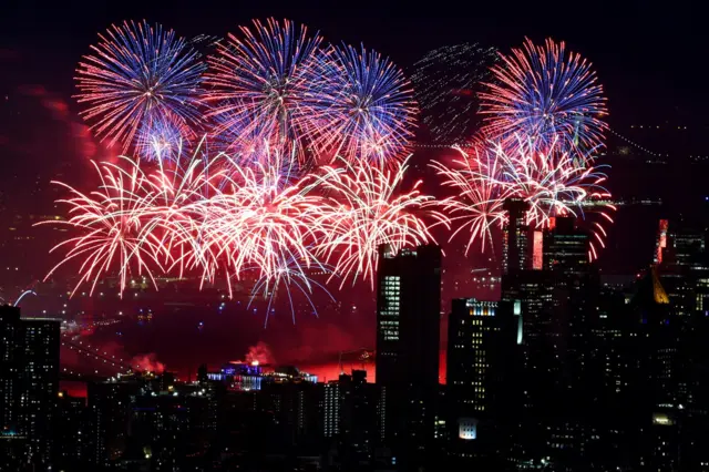 Macy's Fourth of July fireworks explode as the United States celebrates its 250th anniversary on Independence Day in New York City on 4 July 2026.