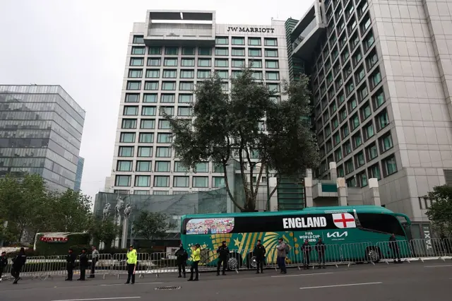 England bus outside their hotel in Mexico City