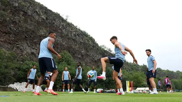 Ezri Konsa #2 and John Stones #5 of England participate in an England Training Session during an England World Cup 2026 Camp on July 04, 2026 in Mexico City, Mexico