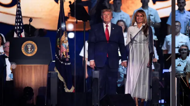 President Donald Trump and first lady Melania Trump attend a Fourth of July rally, marking the 250th anniversary of U.S. independence.