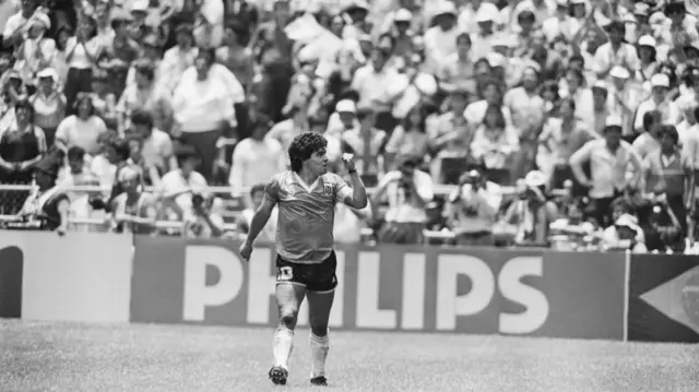 Diego Maradona salutes the Argentina fans after scoring "The Hand of God goal", 22nd June 1986. Argentina 2 v England 1, 1986 World Cup Quarter Final match at the Azteca Stadium in Mexico City