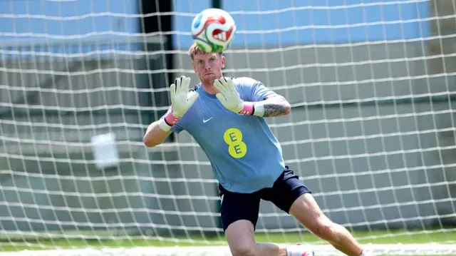 Jordan Pickford #1 of England makes a save during an England Training Session on July 03, 2026 in Kansas City, Kansas