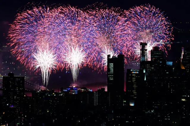 Macy's Fourth of July fireworks explode as the United States celebrates its 250th anniversary on Independence Day in New York City on 4 July 2026.