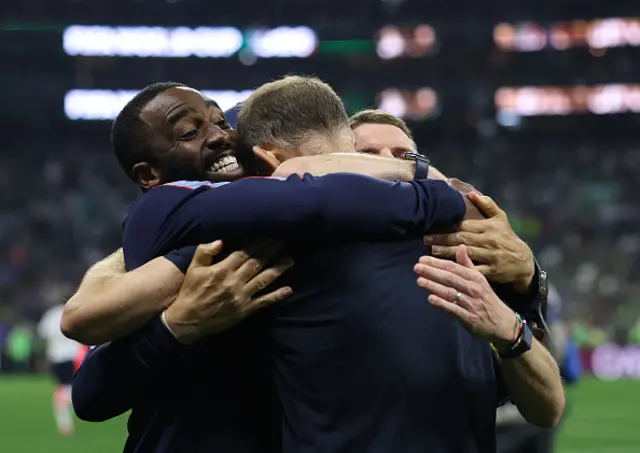 Thomas Tuchel, Manager of England, celebrates the team's 3-2 victory